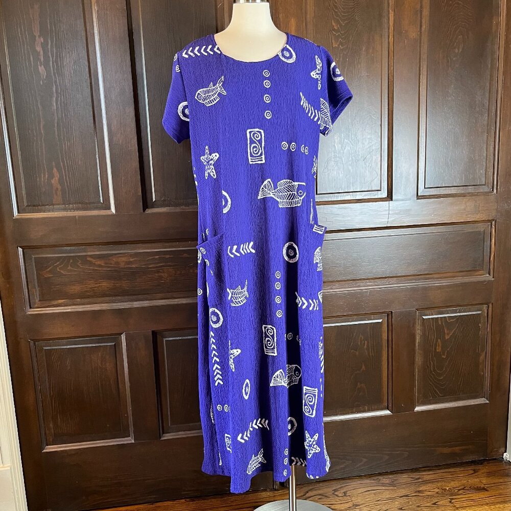 Maxima Maxi Dress Size 2X Vintage Purple Crinkle Block Print Short Sleeve USA